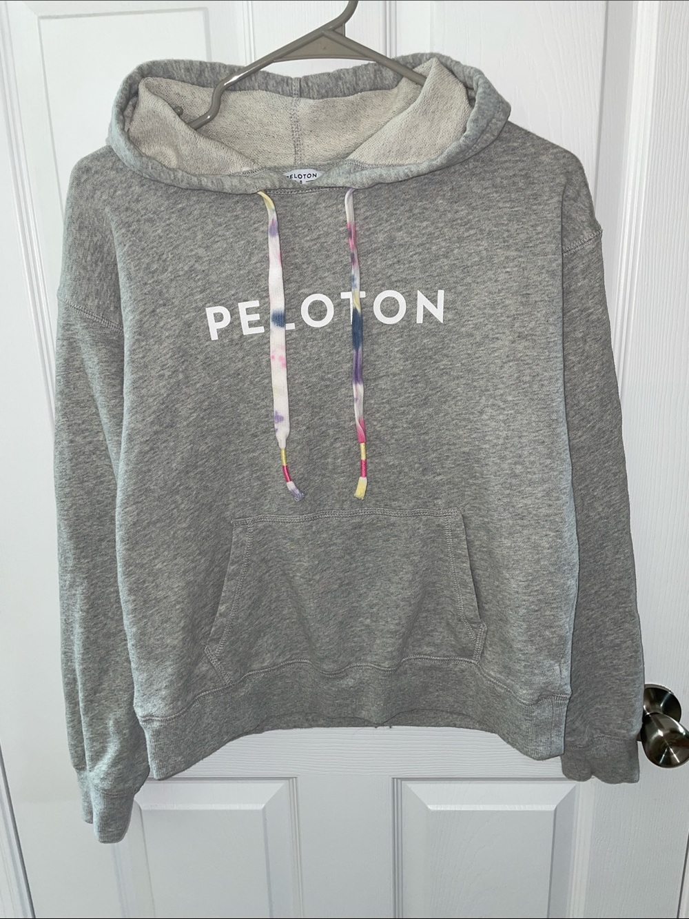 Peloton Gray Hoodie with Tie-Dye Drawstrings